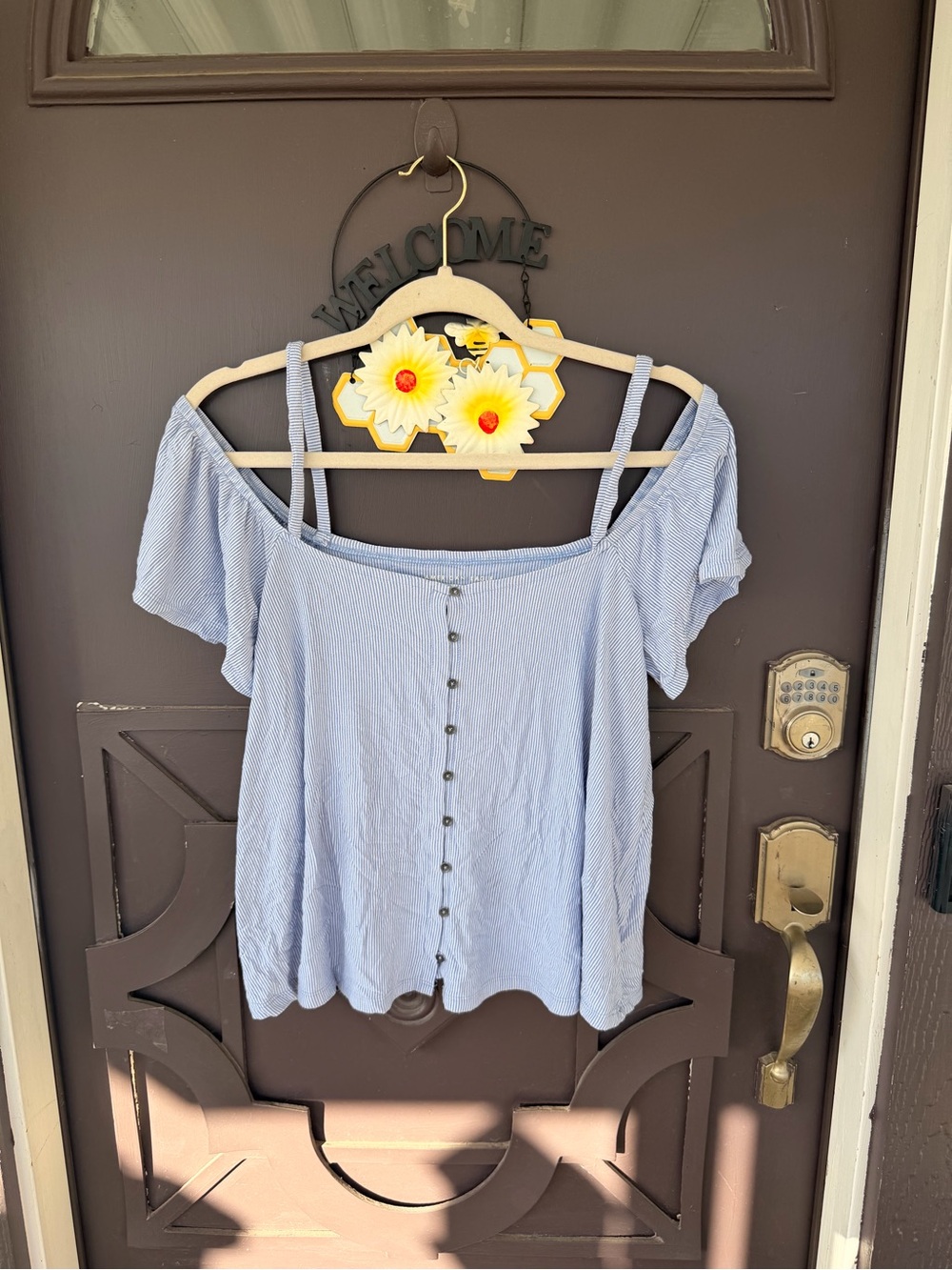 American Eagle Outfitters Light Blue Off-Shoulder Button-Front Top